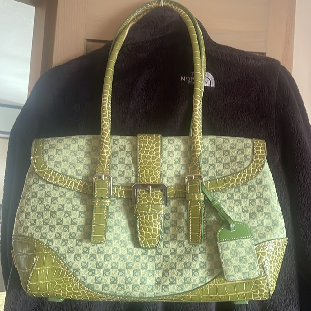 Liz Claiborne Hand Bag Purse LC Logo Heritage Fabric Green w Faux Alligator